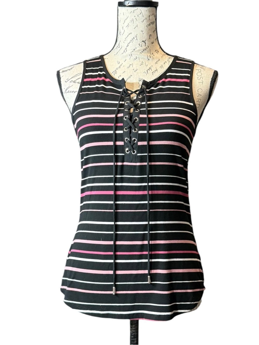 White House Black Market Black Striped Lace-Up Tank with Pink & White Size Small